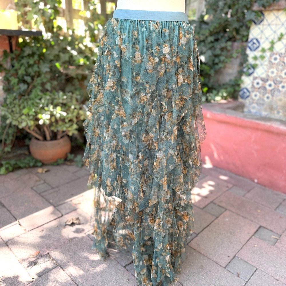 NWT Amber Sky Floral Tulle Maxi Skirt L Green Tiered Layered Whimsigoth Fairy